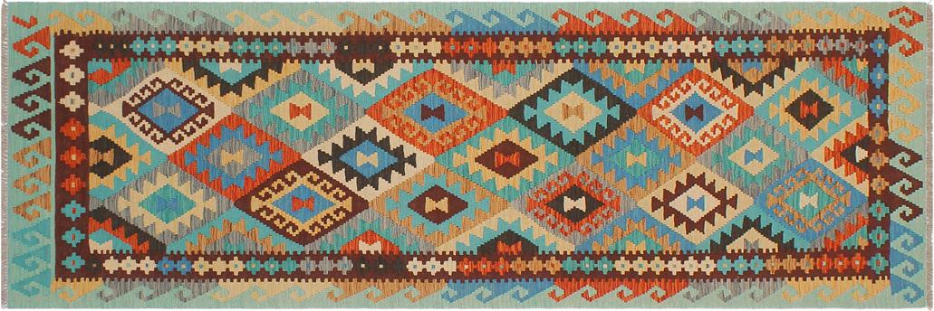Flat Weave Kilim Antique Navaho Vintage handmade Geometric Kilim Blue Rust Hand-Woven Runner 100% Wool Area Rug 3x9