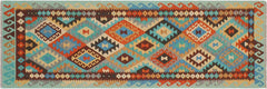 Flat Weave Kilim Antique Navaho Vintage handmade Geometric Kilim Blue Rust Hand-Woven Runner 100% Wool Area Rug 3x9