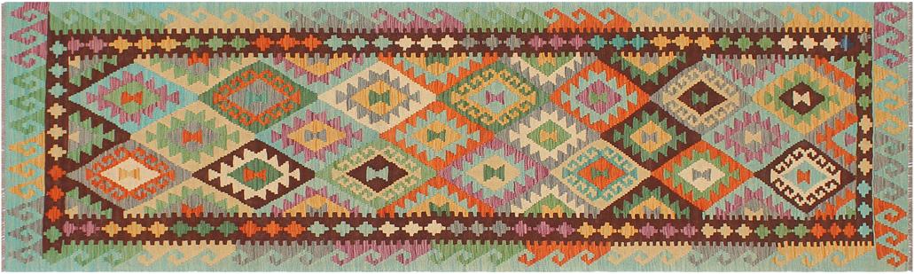 Flat Weave Kilim Antique Navaho Vintage handmade Geometric Kilim Blue Rust Hand-Woven Runner 100% Wool Area Rug 3x10