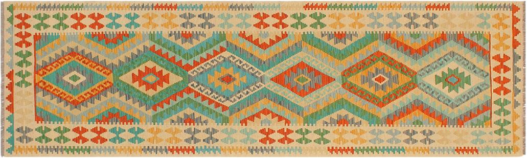 Flat Weave Kilim Antique Navaho Vintage handmade Geometric Kilim Blue Beige Hand-Woven Runner 100% Wool Area Rug 3x10