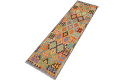 Flat Weave Kilim Antique Navaho Vintage handmade Geometric Kilim Blue Rust Hand-Woven Runner 100% Wool Area Rug 3x10