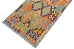 Flat Weave Kilim Antique Navaho Vintage handmade Geometric Kilim Blue Rust Hand-Woven Runner 100% Wool Area Rug 3x10