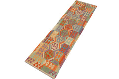 Flat Weave Kilim Antique Navaho Vintage handmade Geometric Kilim Rust Blue Hand-Woven Runner 100% Wool Area Rug 3x10