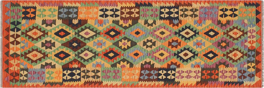 Flat Weave Kilim Antique Navaho Vintage handmade Geometric Kilim Blue Rust Hand-Woven Runner 100% Wool Area Rug 3x9