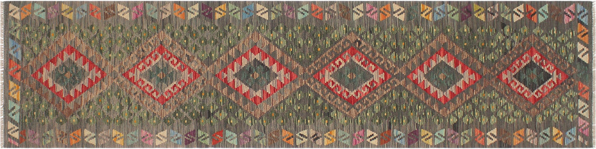 2x10 hand woven Turkish Kilim wool runner rug in gray and red - Chic Turkish Shanta