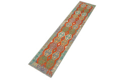 Flat Weave Kilim Antique Navaho Vintage handmade Geometric Kilim Rust Blue Hand-Woven Runner 100% Wool Area Rug 3x13