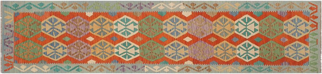 Flat Weave Kilim Antique Navaho Vintage handmade Geometric Kilim Rust Blue Hand-Woven Runner 100% Wool Area Rug 3x13