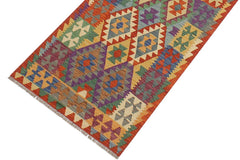 Flat Weave Kilim Antique Navaho Vintage handmade Geometric Kilim Rust Blue Hand-Woven Runner 100% Wool Area Rug 3x13