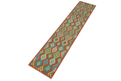 Flat Weave Kilim Antique Navaho Vintage handmade Geometric Kilim Rust Blue Hand-Woven Runner 100% Wool Area Rug 3x13