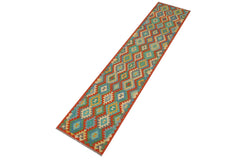 handmade Geometric Kilim Rust Blue Hand-Woven RUNNER 100% WOOL area rug 3 x 13