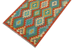 Flat Weave Kilim Antique Navaho Vintage handmade Geometric Kilim Rust Blue Hand-Woven Runner 100% Wool Area Rug 3x13