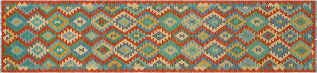 Flat Weave Kilim Antique Navaho Vintage handmade Geometric Kilim Rust Blue Hand-Woven Runner 100% Wool Area Rug 3x13