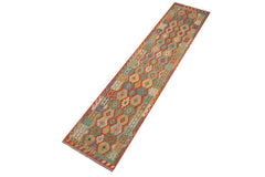 Flat Weave Kilim Antique Navaho Vintage handmade Geometric Kilim Rust Blue Hand-Woven Runner 100% Wool Area Rug 3x13