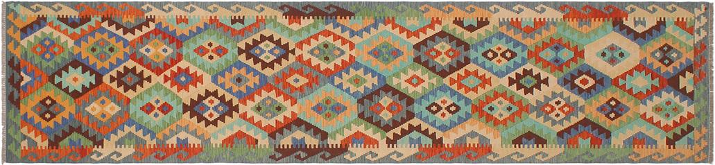 Flat Weave Kilim Antique Navaho Vintage handmade Geometric Kilim Blue Rust Hand-Woven Runner 100% Wool Area Rug 3x13