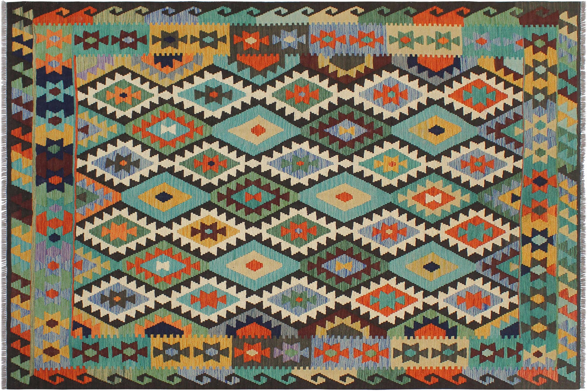 handmade Geometric Kilim Blue Brown Hand-Woven RECTANGLE 100% WOOL area rug 6 x 8