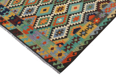 Flat Weave Kilim Antique Navaho Vintage handmade Geometric Kilim Blue Brown Hand-Woven Rectangle 100% Wool Area Rug 6x8