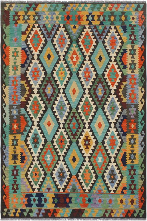 Flat Weave Kilim Antique Navaho Vintage handmade Geometric Kilim Blue Brown Hand-Woven Rectangle 100% Wool Area Rug 6x8
