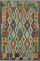 Flat Weave Kilim Antique Navaho Vintage handmade Geometric Kilim Blue Brown Hand-Woven Rectangle 100% Wool Area Rug 6x8