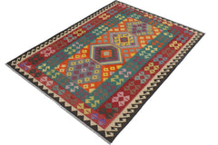 Flat Weave Kilim Antique Navaho Vintage handmade Geometric Kilim Blue Red Hand-Woven Rectangle 100% Wool Area Rug 6x8