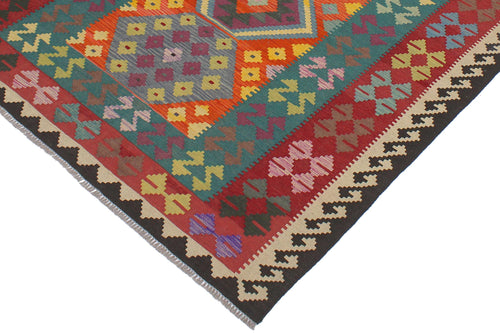 handmade Geometric Kilim Blue Red Hand-Woven RECTANGLE 100% WOOL area rug 6' x 8'