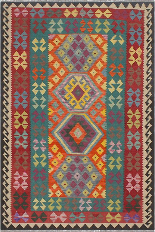 Flat Weave Kilim Antique Navaho Vintage handmade Geometric Kilim Blue Red Hand-Woven Rectangle 100% Wool Area Rug 6x8
