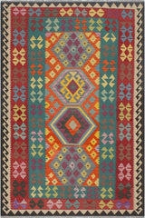 Flat Weave Kilim Antique Navaho Vintage handmade Geometric Kilim Blue Red Hand-Woven Rectangle 100% Wool Area Rug 6x8
