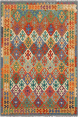 Flat Weave Kilim Antique Navaho Vintage handmade Geometric Kilim Rust Gold Hand-Woven Rectangle 100% Wool Area Rug 6x8