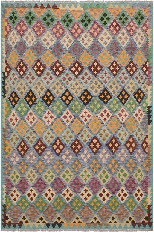 Flat Weave Kilim Antique Navaho Vintage handmade Geometric Kilim Blue Beige Hand-Woven Rectangle 100% Wool Area Rug 6x8