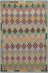 Flat Weave Kilim Antique Navaho Vintage handmade Geometric Kilim Blue Beige Hand-Woven Rectangle 100% Wool Area Rug 6x8