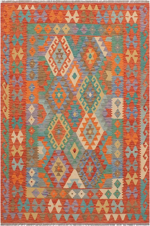 Flat Weave Kilim Antique Navaho Vintage handmade Geometric Kilim Blue Rust Hand-Woven Rectangle 100% Wool Area Rug 5x7