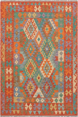Flat Weave Kilim Antique Navaho Vintage handmade Geometric Kilim Blue Rust Hand-Woven Rectangle 100% Wool Area Rug 5x7
