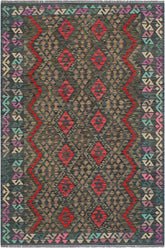 Flat Weave Kilim Antique Navaho Vintage handmade Geometric Kilim Charcoal Rust Hand-Woven Rectangle 100% Wool Area Rug 6x8