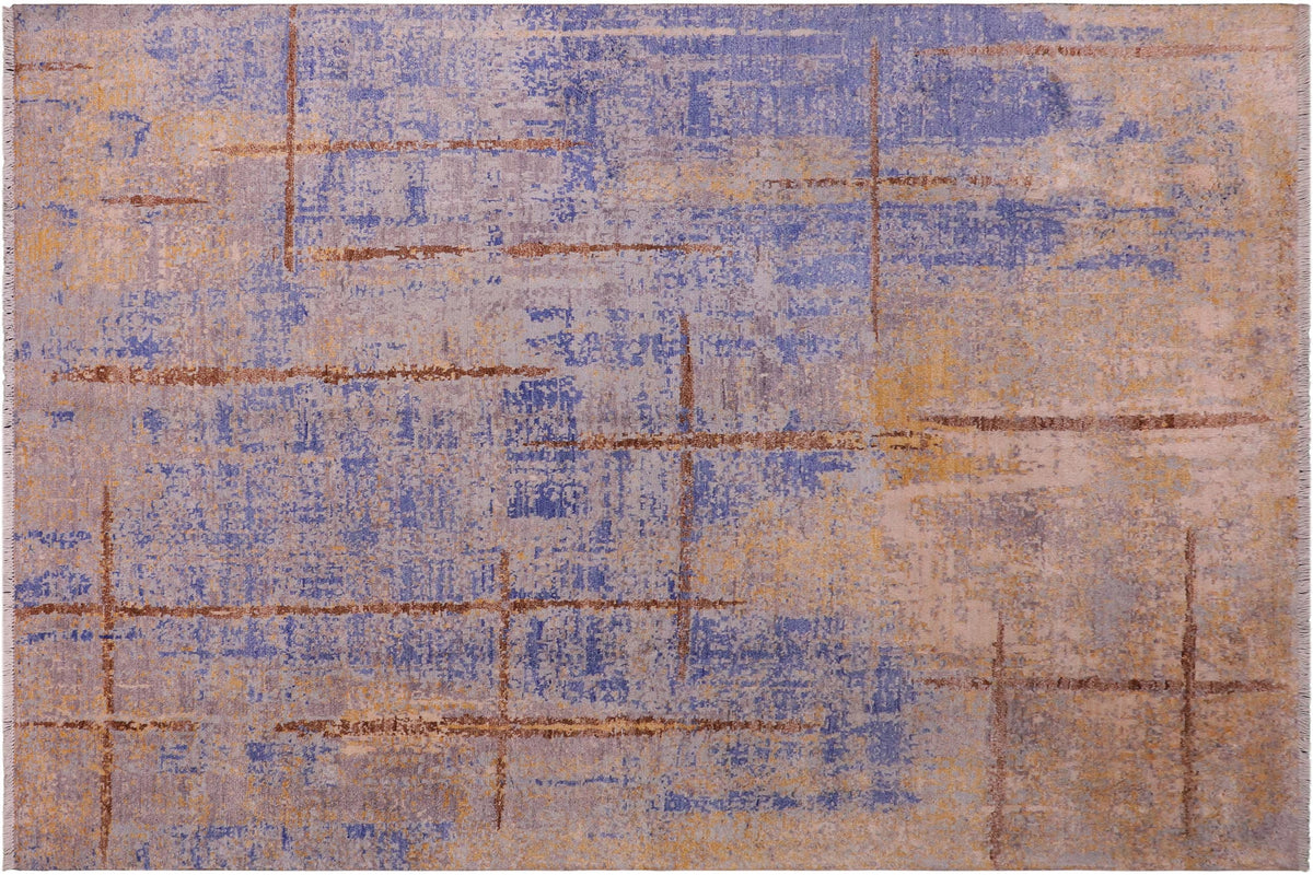 8x10 hand knotted modern wool rug in blue and gold - Chic Garnett Bamboo Silk