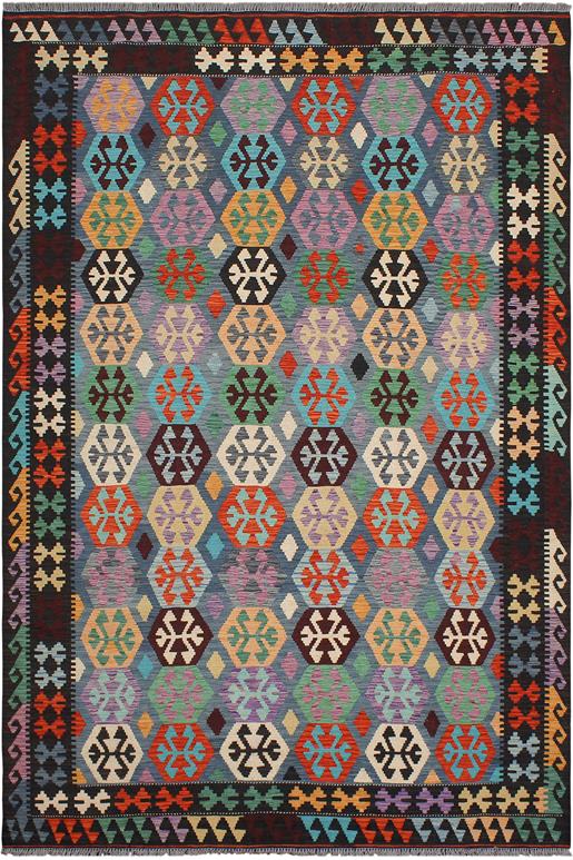 Flat Weave Kilim Antique Navaho Vintage handmade Geometric Kilim Blue Brown Hand-Woven Rectangle 100% Wool Area Rug 7x10