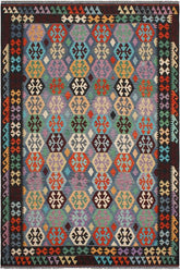 Flat Weave Kilim Antique Navaho Vintage handmade Geometric Kilim Blue Brown Hand-Woven Rectangle 100% Wool Area Rug 7x10