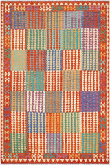 Flat Weave Kilim Antique Navaho Vintage handmade Modern Kilim Blue Rust Hand-Woven Rectangle 100% Wool Area Rug 7x10