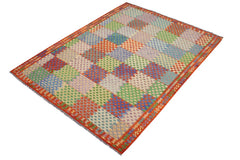 Flat Weave Kilim Antique Navaho Vintage handmade Modern Kilim Blue Rust Hand-Woven Rectangle 100% Wool Area Rug 8x11