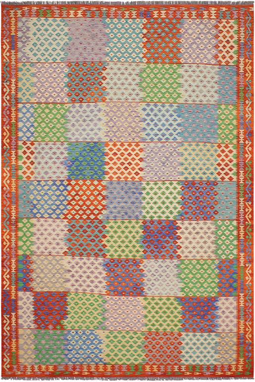 Flat Weave Kilim Antique Navaho Vintage handmade Modern Kilim Blue Rust Hand-Woven Rectangle 100% Wool Area Rug 8x11