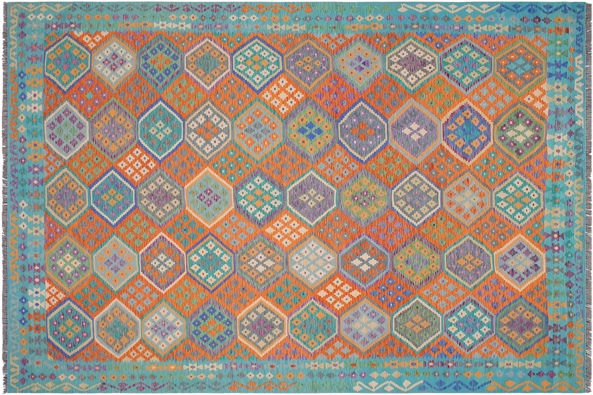 9x11 hand woven Turkish Kilim wool rug in rust and blue - Ethnic Sterling Turkish