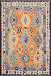 Flat Weave Kilim Antique Navaho Vintage handmade Geometric Kilim Rust Blue Hand-Woven Rectangle 100% Wool Area Rug 8x10