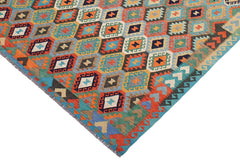Flat Weave Kilim Antique Navaho Vintage handmade Geometric Kilim Blue Rust Hand-Woven Rectangle 100% Wool Area Rug 8x11