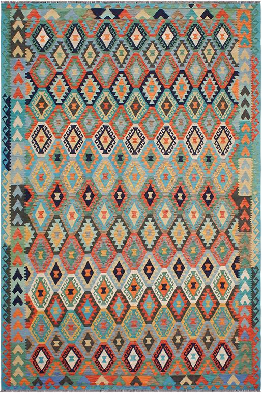Flat Weave Kilim Antique Navaho Vintage handmade Geometric Kilim Blue Rust Hand-Woven Rectangle 100% Wool Area Rug 8x11