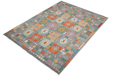 Flat Weave Kilim Antique Navaho Vintage handmade Geometric Kilim Gray Blue Hand-Woven Rectangle 100% Wool Area Rug 7x10