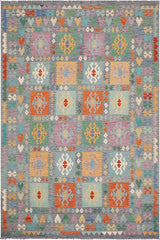 Flat Weave Kilim Antique Navaho Vintage handmade Geometric Kilim Gray Blue Hand-Woven Rectangle 100% Wool Area Rug 7x10