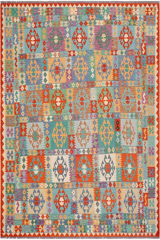 Flat Weave Kilim Antique Navaho Vintage handmade Geometric Kilim Blue Rust Hand-Woven Rectangle 100% Wool Area Rug 8x10