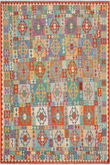 Flat Weave Kilim Antique Navaho Vintage handmade Geometric Kilim Blue Rust Hand-Woven Rectangle 100% Wool Area Rug 8x10