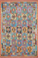 Flat Weave Kilim Antique Navaho Vintage handmade Geometric Kilim Blue Rust Hand-Woven Rectangle 100% Wool Area Rug 8x11