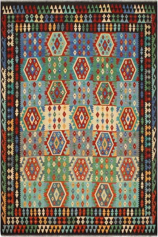 Flat Weave Kilim Antique Navaho Vintage handmade Geometric Kilim Blue Brown Hand-Woven Rectangle 100% Wool Area Rug 8x10
