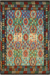 Flat Weave Kilim Antique Navaho Vintage handmade Geometric Kilim Blue Brown Hand-Woven Rectangle 100% Wool Area Rug 8x10