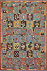 Flat Weave Kilim Antique Navaho Vintage handmade Geometric Kilim Blue Rust Hand-Woven Rectangle 100% Wool Area Rug 8x11